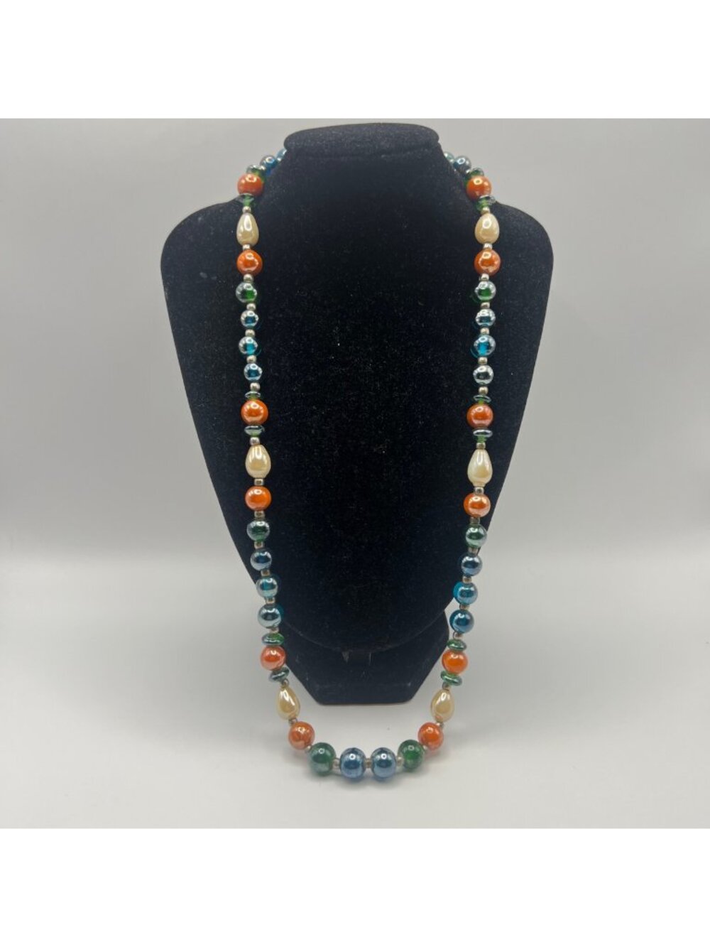 Vintage Glass Bead Necklace Blue Green Orange Cream Artisan 23" Barrel Clasp